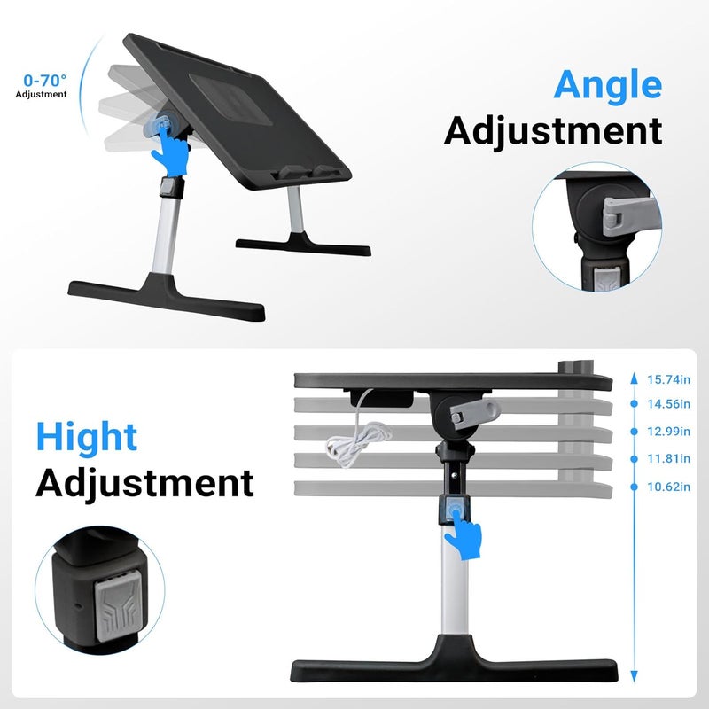 XTRA Laptop Lap Desk with Cooling Fan - Adjustable with Light, USB, Storage Drawer - Folding Bed Desk,23.62"*15.74",Black - Image 2
